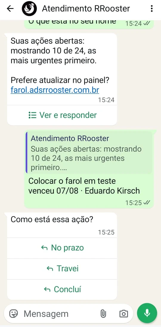 Mensagem do Farol no WhatsApp: “Suas ações abertas: mostrando 10 de 24, as mais urgentes primeiro”, com a opção de atualizar pelo painel, um botão Ver e responder, e a pergunta “Como está essa ação?” com os botões No prazo, Travei e Concluí.
